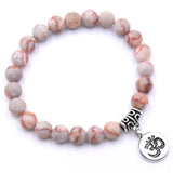 White Beige Marbled 8mm beaded bracelet with Om charm