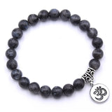 Black marbled 8mm beaded bracelet with Om charm