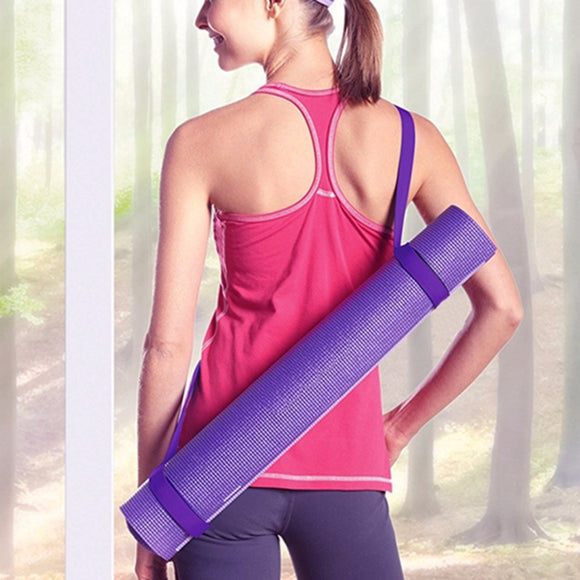 Easy Carry Yoga Mat Strap - purple mat strap worn by model