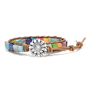 Slim Multicolor Natural Stone Flower Charm Wrap Bracelet (Unisex)
