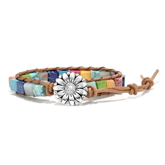 Slim Multicolor Natural Stone Flower Charm Wrap Bracelet (Unisex)