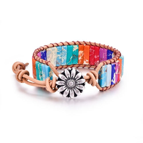 Multi Colored Natural Stone Flower Charm Wrap Bracelet (Unisex)