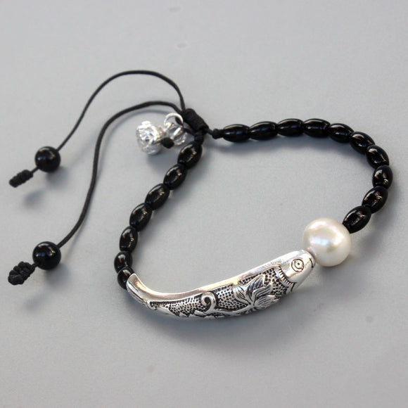 Silver Lucky Fish bracelet with lotus clasp