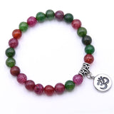 Red Green Multicolored 8mm beaded bracelet with Om charm